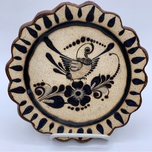 Vintage Tonala Mexican Pottery Plate Handpainted  Bird Floral Sandstone 8”